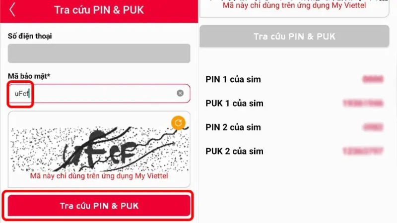 Alt: Hình ảnh minh họa nhập mã bảo mật để tra cứu mã PUK