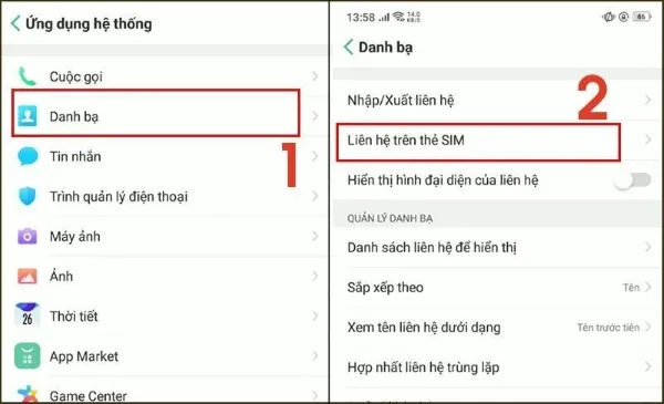 Nhấn chọn Liên hệ trên thẻ SIM