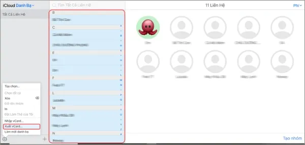 Nhấn Xuất vCard để tải danh bạ về máy tính