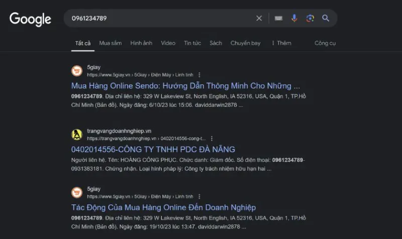 Kết quả tìm kiếm trên Google