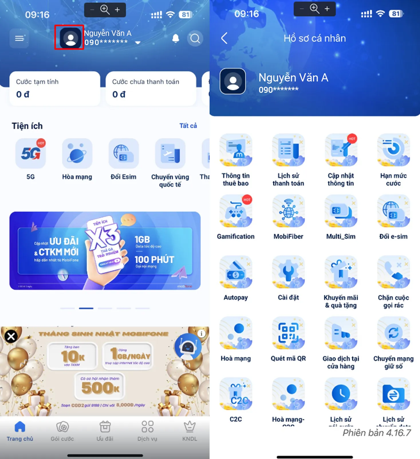 Bước 2: Chọn biểu tượng avatar để vào Hồ sơ cá nhân trên My MobiFone