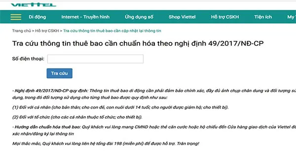 Giao diện trang web Vietteltelecom.vn để tra cứu thông tin thuê bao online