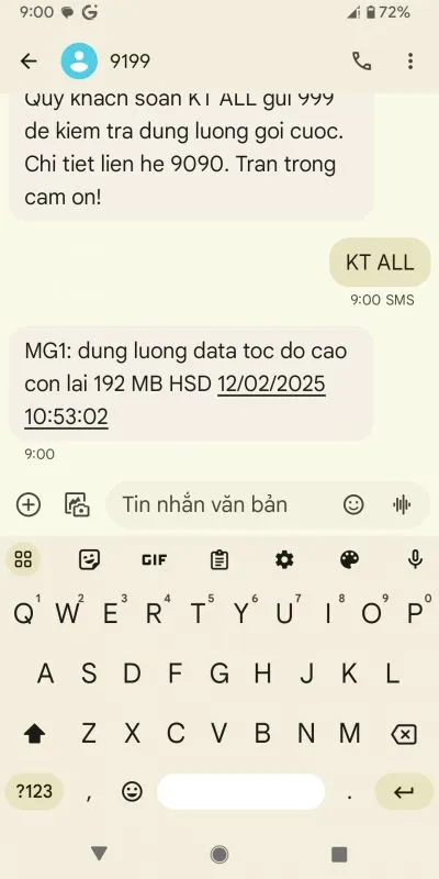 Cú pháp KT ALL gửi 9199 để kiểm tra dung lượng MobiFone qua tin nhắn