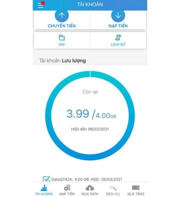 Giao diện xem chi tiết dung lượng data còn lại và hạn sử dụng trên ứng dụng My MobiFone