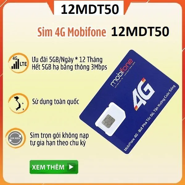 Sim 12MDT50 - Sim 4G MobiFone trọn gói 1 năm 5GB/ngày