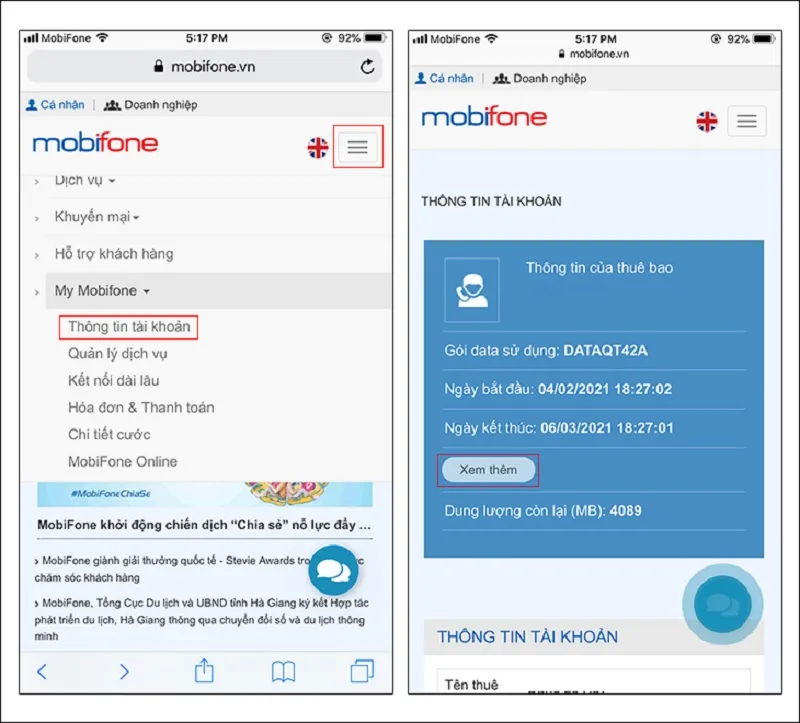 Xem thông tin chi tiết thuê bao, bao gồm dung lượng data còn lại trên website MobiFone