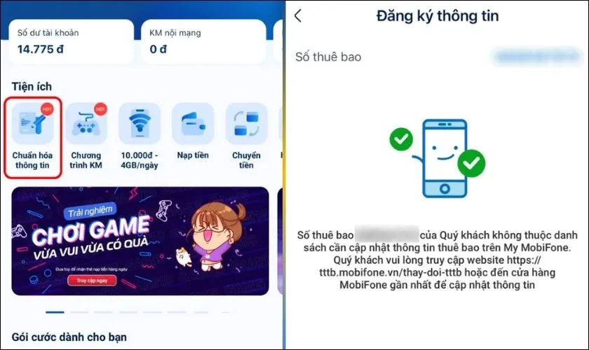 Chọn mục Tiện ích và Chuẩn hóa thông tin trong ứng dụng My MobiFone